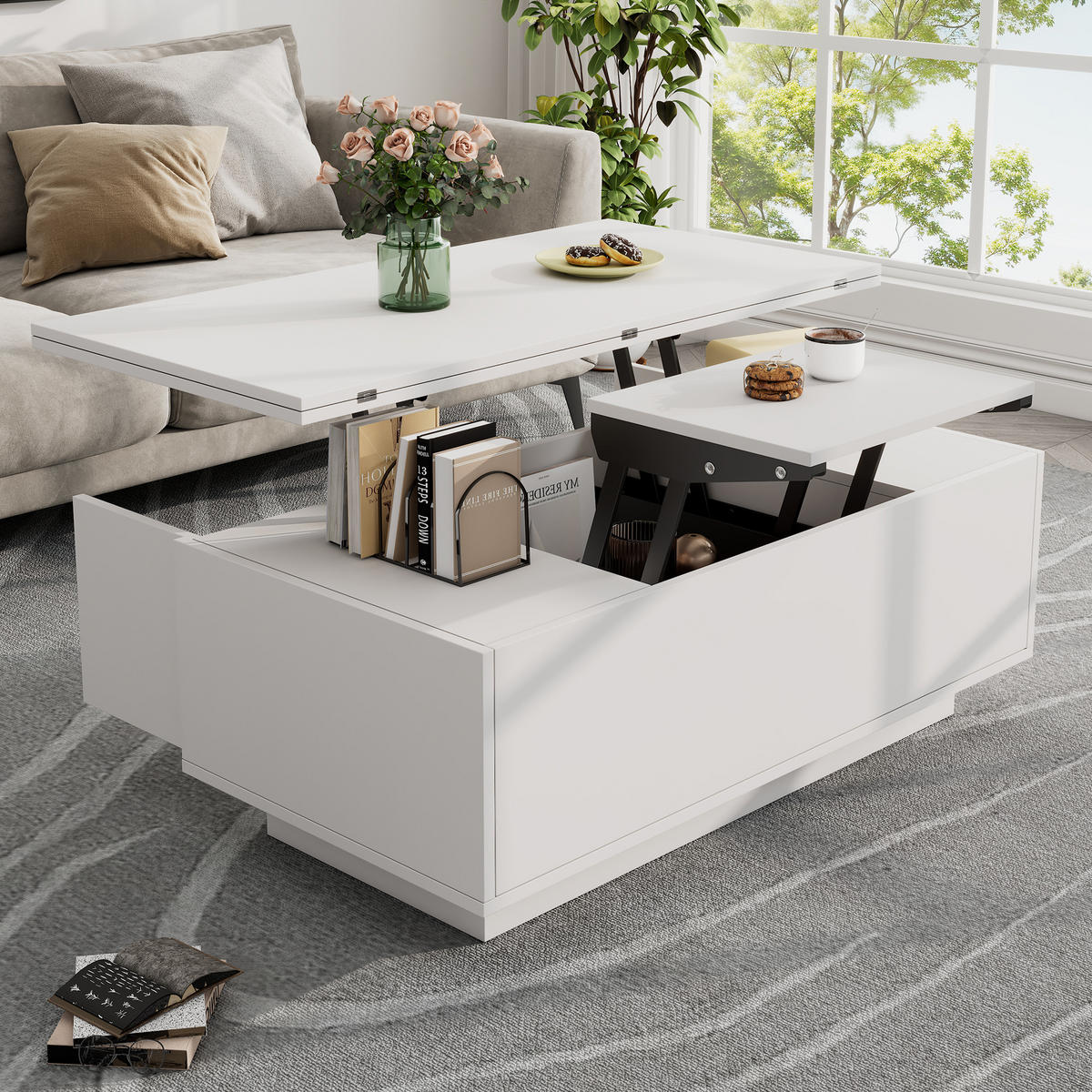 COUCHTISCH in Weiß Couchtisch mit Doppel-Hebemechanismus, verstecktem Stauraum für Wohnzimmer, B100/T50/H55,5 cm - Weiß, Holzwerkstoff (50/100/55.5cm) - STILVORA