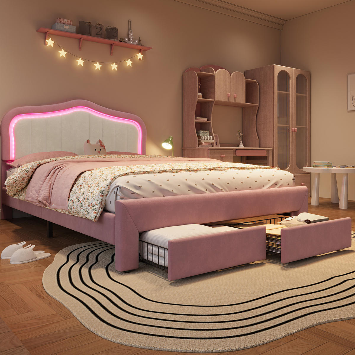 KINDER-POLSTERBETT aus Samt 140x200 cm Rosa mit Schubladen und App-gesteuerter LED-Beleuchtung - Pink, Textil (140/200cm) - Modfu