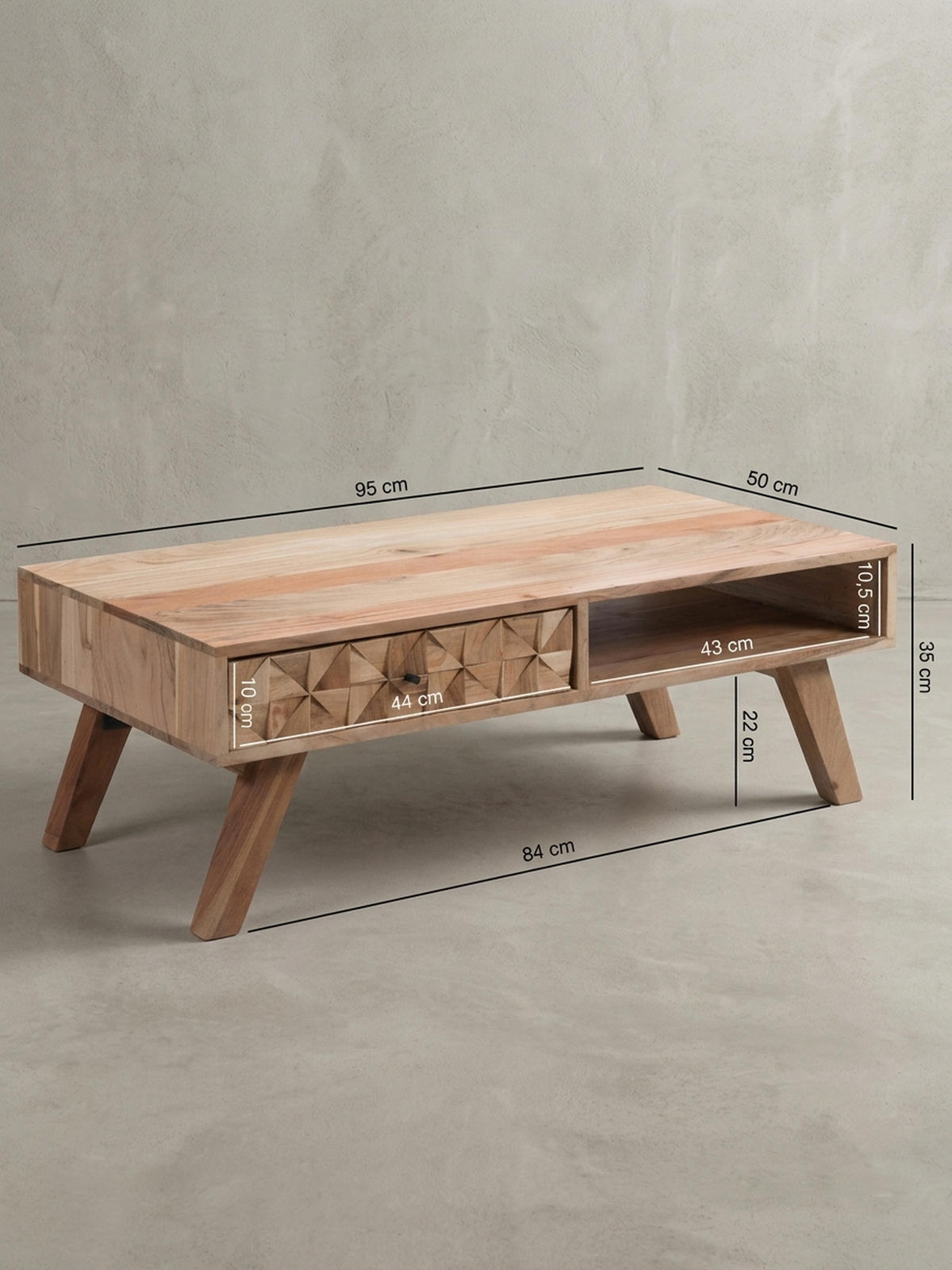 COUCHTISCH Landhausstil Massivholz mit Schublade und Ablagefach, Maße 95x35x50 cm - Beige, Akazienholz/Holz (50/95/35cm) - KADIMA DESIGN