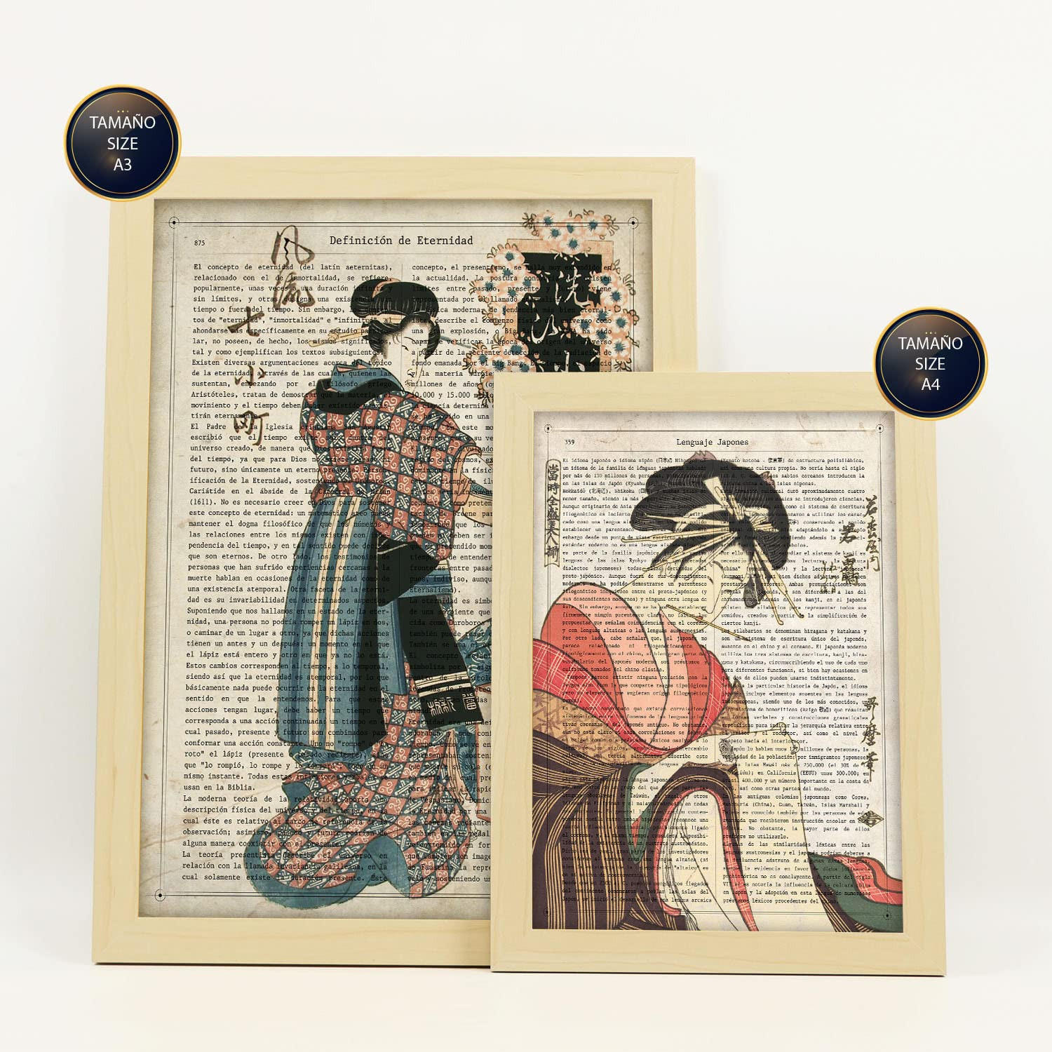 POSTER Set Mit 6 Japan Vintage Papier Stil Plakate Mit Enzyklopädie Hintergründen Ukiyo E Japanische Geishas A3 & A4 Rahmen Aus Hellem Holz - Beige, Papier (29/3cm) - Nacnic