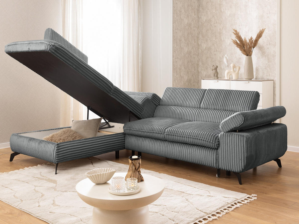 ECKSOFA mit Schlaffunktion und Bettkasten Bonnie aus Grau Cord-Stoff mit verstellbaren Kopfstützen und Armlehne - Ottomane links - Schwarz/Grau, Holz/Textil (275/210cm) - S-Style Möbel