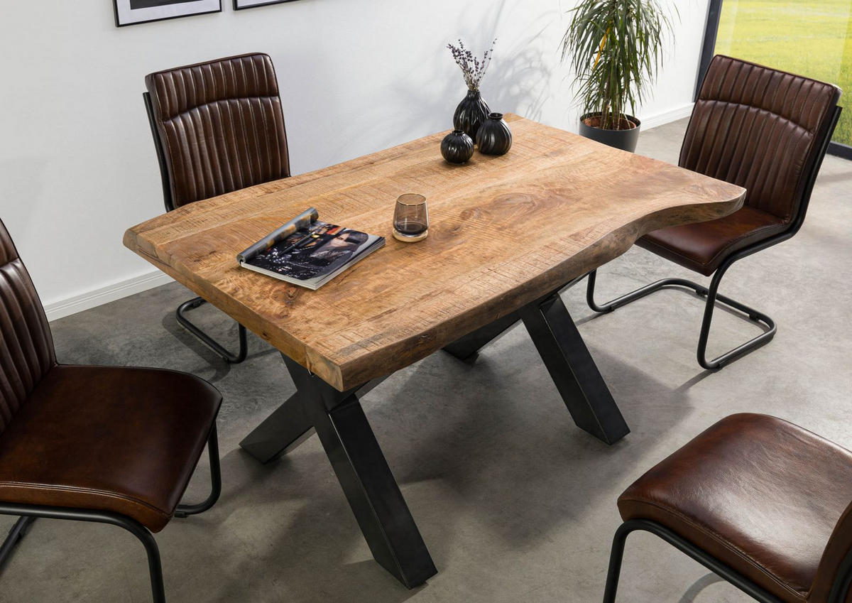 BAUMTISCH Mango 140x90x77 natur lackiert / X-Beine anthrazit glänzend FREEFORM 5 - Naturfarben, Holz (140/90/77cm) - Massivmoebel24