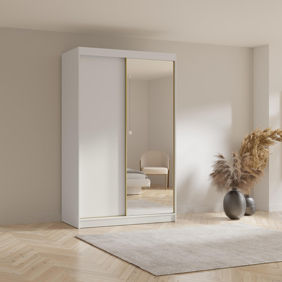 SCHWEBETÜRENSCHRANK mit Spiegel Fiore Plus 2D1L 150 Weiß/Gold - Goldfarben/Weiß, Holzwerkstoff/Metall (150/236/60cm) - mzm24