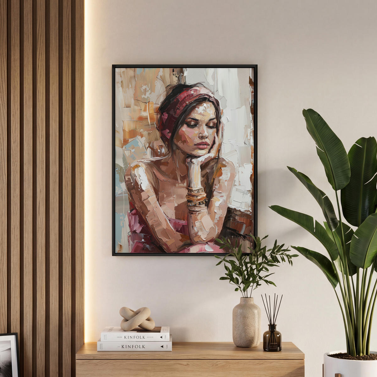 LEINWAND Bilder mit Rahmen - Frau - Lackierung - Porträt - Modern - 60x80 - Altrosa, Textil (60/80cm) - MuchoWow