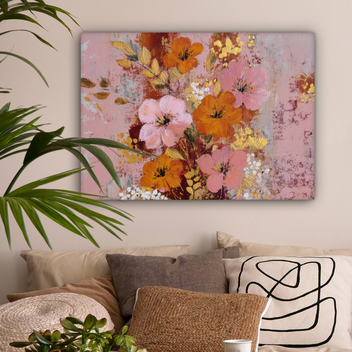 LEINWANDBILD Malerei - Blumen - Rustikal - Rosa Wandbilder 80x60 cm - Altrosa, Textil (80/60cm) - MuchoWow