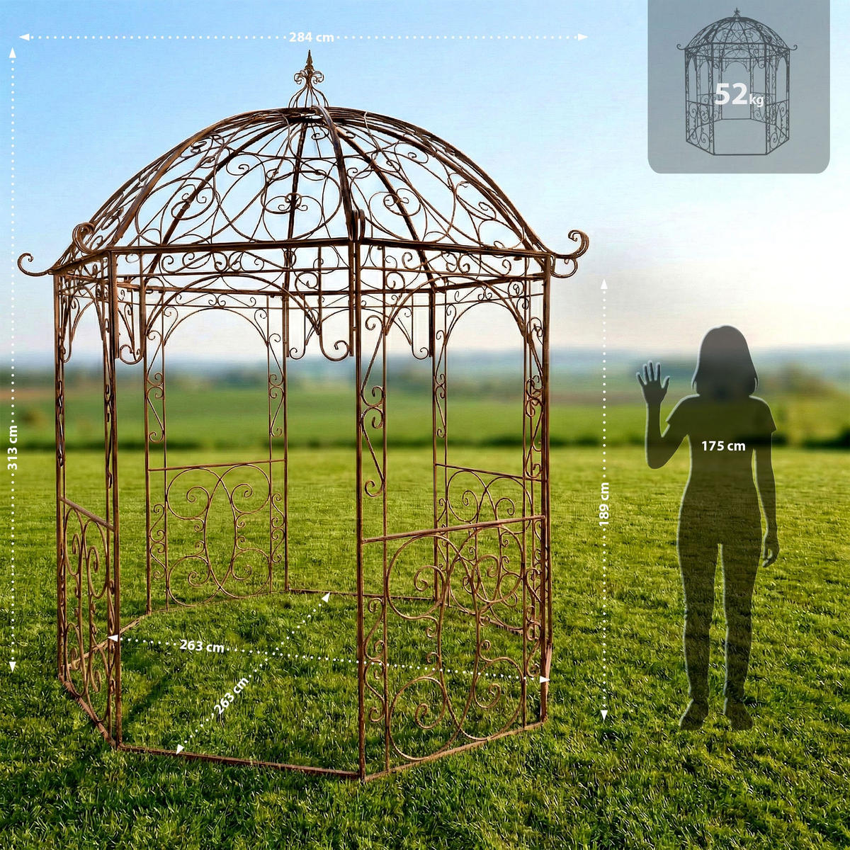 PAVILLON Liv Antik 284x263x313cm Metall Antik-Braun Gartenpavillon - Braun, Metall (284/313/263cm) - DELUKE