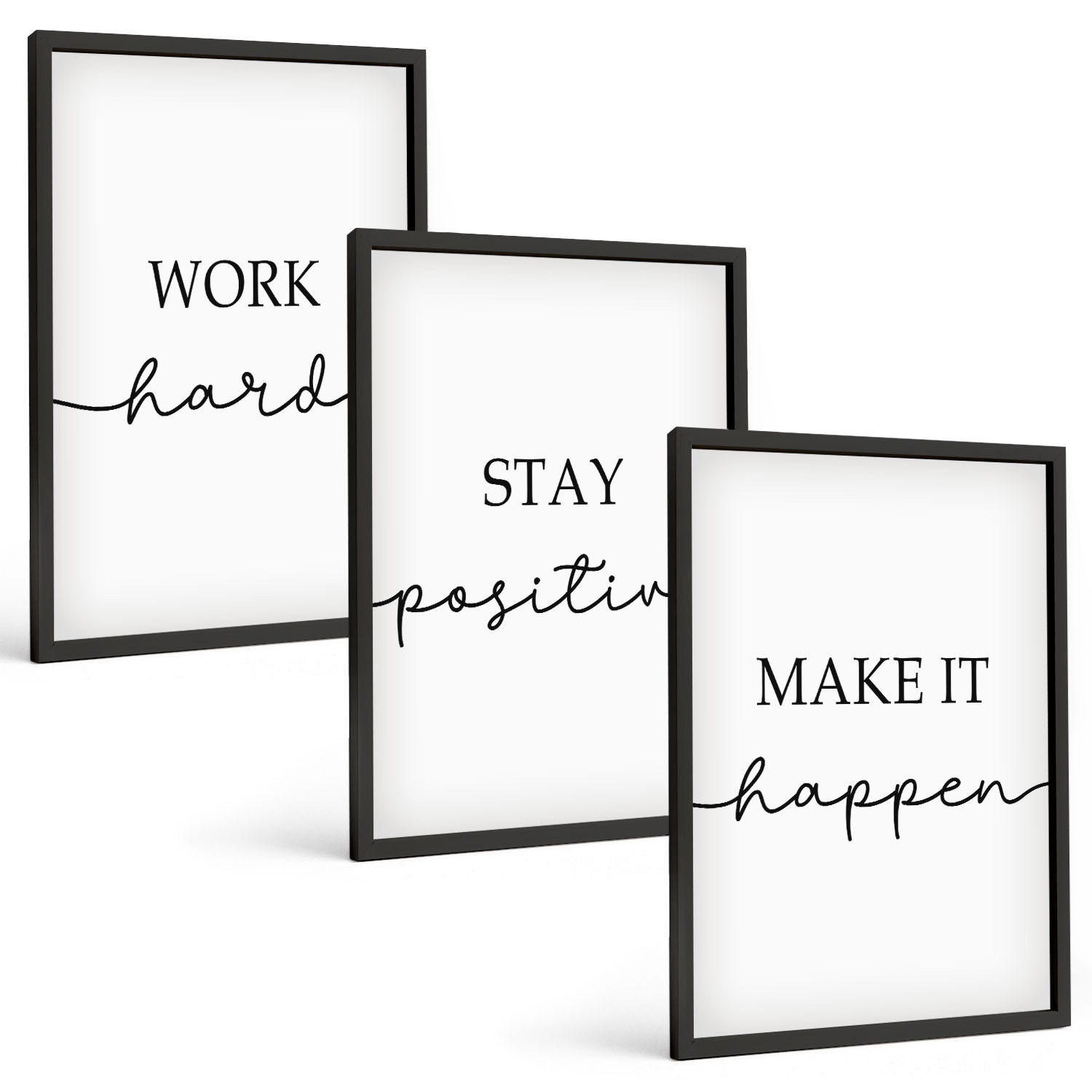 BILDER SET 3er Set - 40x60 cm Schwarzer Rahmen - Minimalistische Motivationsinschriften - Schwarz, Kunststoff (40/60cm) - TULUP