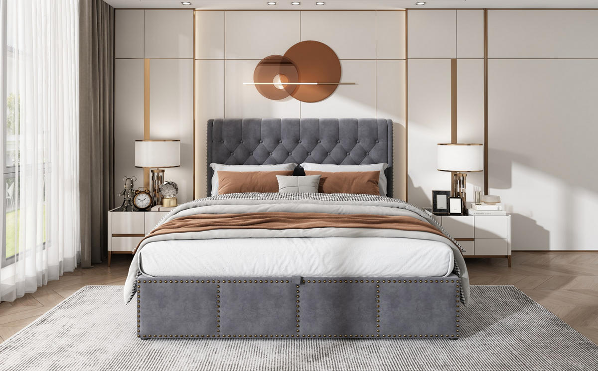 POLSTERBETT 180/200 cm grau aus Samt mit Bettkasten - Grau, Textil (180/200cm) - OKMYHOME