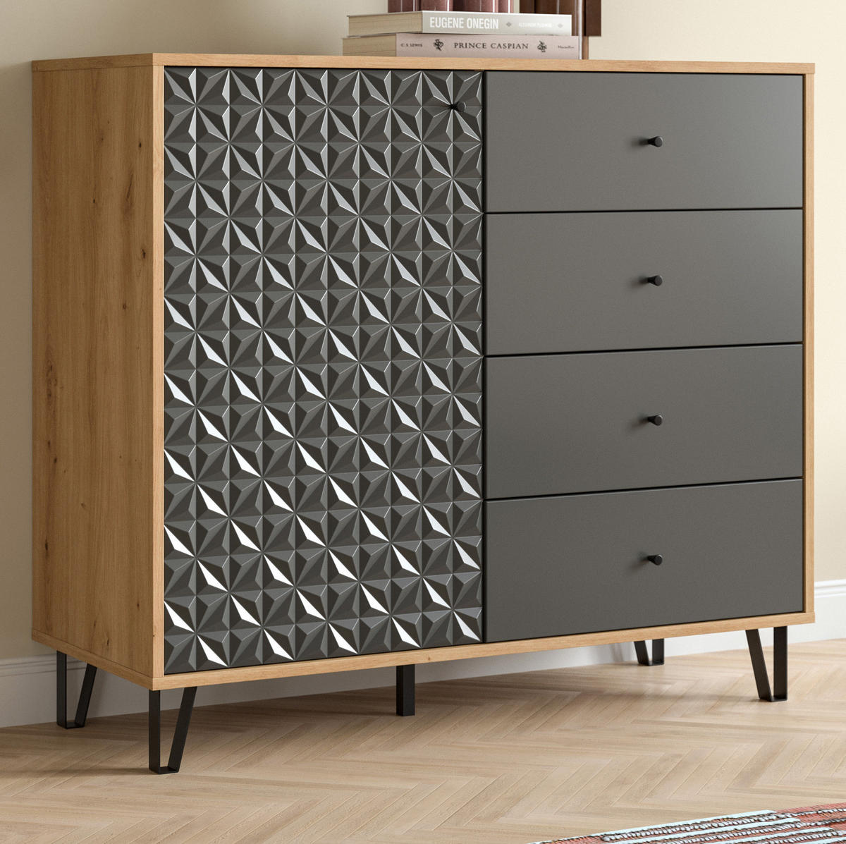 KOMMODE grau, Eiche Artisan 110 x 96 cm, Sideboard mit 3D-Struktur - Schwarz/Eiche Artisan, Holzwerkstoff/Kunststoff (110/96/40cm) - Inn.Furn