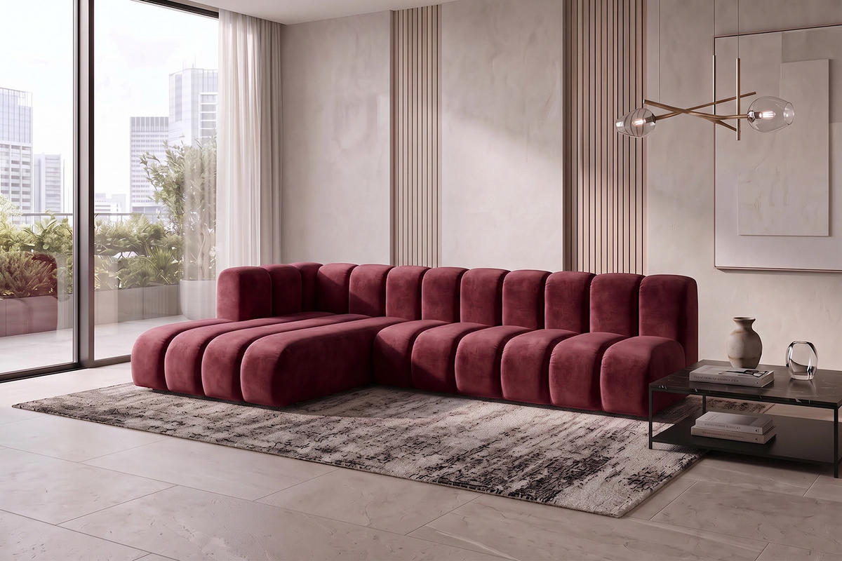ECKSOFA Modulares In L-Form, Velvet-Stoff Riviera, Rotwein, Links, GRAND 295 cm - Dunkelrot, Holz (295/179cm) - Kaiser Möbel