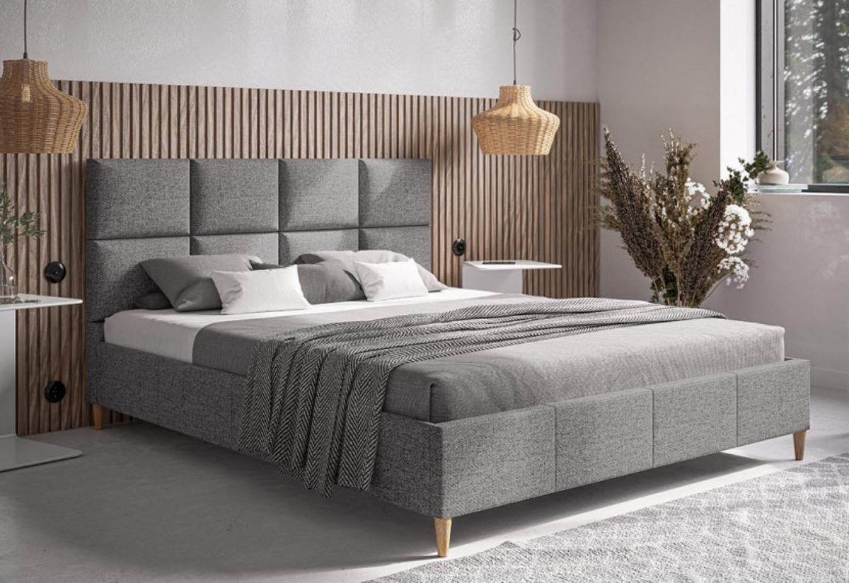 BETT Grau LUXO 1 Gepolstert Holzbeine Malmo Stoff 120x200 cm - Eichefarben/Schwarz, Textil (120/200cm) - Sepro Meble