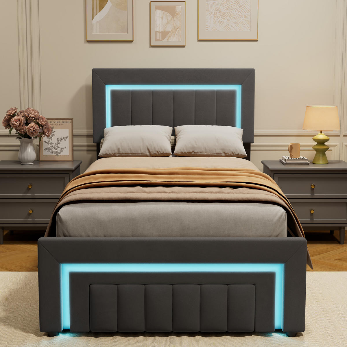 POLSTERBETT 90/200 mit Bettkasten und Schubladen , mit LED, ohne Matratze - Grau, Holzwerkstoff/Textil (90/200cm) - STILVORA