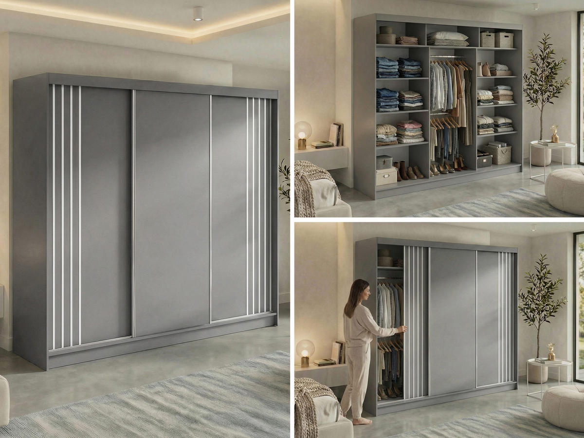 SCHWEBETÜRENSCHRANK mit Lamellen NAURU - 240 - Grau und Weiß - Alufarben/Weiß, Holzwerkstoff/Metall (240/216/61cm) - MKS