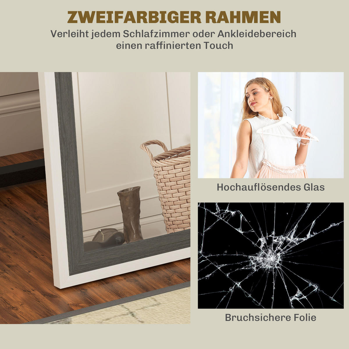 GANZKÖRPERSPIEGEL, 162,6 x 53,5 cm Standspiegel mit Ständer, Grau+Weiß - Weiß/Grau, Glas (53.3/162.6/2.5cm) - HOMCOM