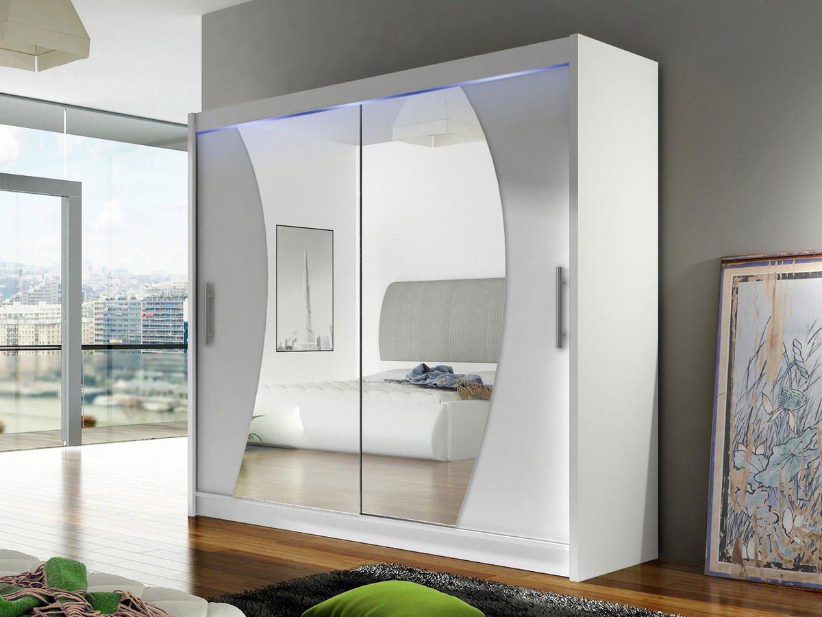 KLEIDERSCHRANK London IX, mit RGB LED Beleuchtung - Silberfarben/Weiß, Holzwerkstoff/Kunststoff (180/215/58cm) - MIRJAN24
