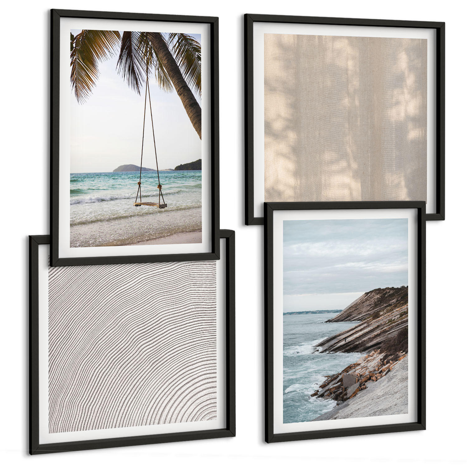 BILDER SET 4er Set - 50x50 cm & 40x60 cm Schwarzer Rahmen - Sommerlicher Sandstrand mit Meerblick - Schwarz, Kunststoff (50/50cm) - TULUP