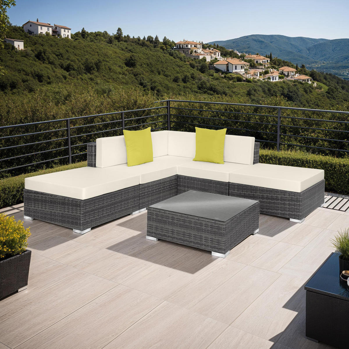 RATTANLOUNGE Paris,mit Sicherheitsglasplatte,grau - Grau, Kunststoff - tectake