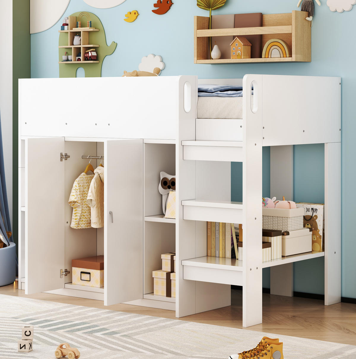 HOCHBETT 90/200 cm mit Stauraum, Schrank und Regalen in Weiß/Grau - Weiß, Holz (90/200cm) - Flora Grace