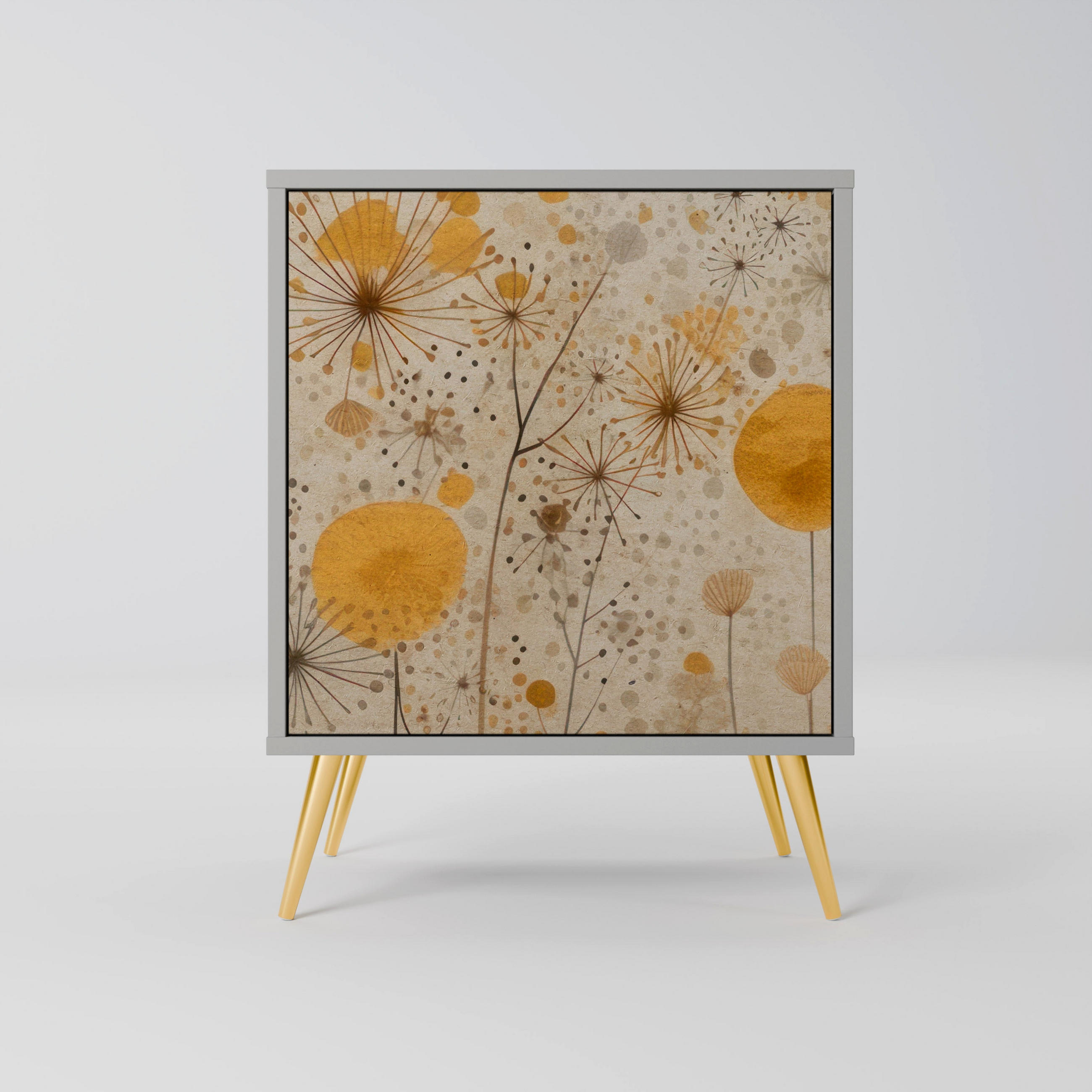 SIDEBOARD MORNING GLADE, Grau, 57,5x42x75,5 cm, Goldfarbene Metallfüße - Goldfarben/Multicolor, Holzwerkstoff/Metall (57.5/75.5/42cm) - SpaceRebels