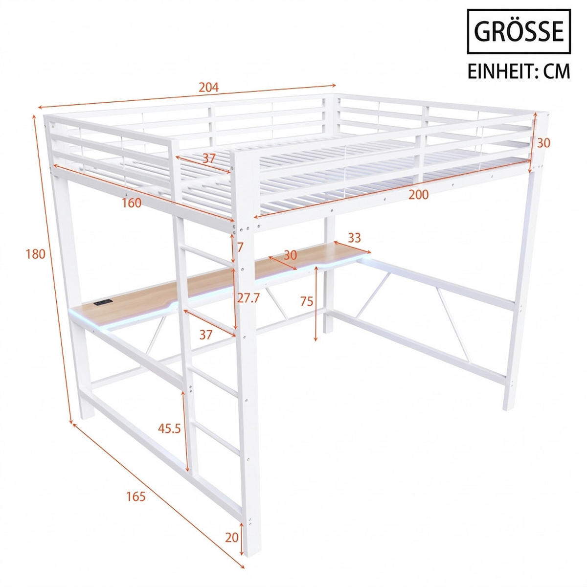 HOCHBETT 140/200 cm Weiß mit LED-Beleuchtung, USB-Ladestation und Schreibtisch - Weiß, Metall (140/200cm) - Oxeza