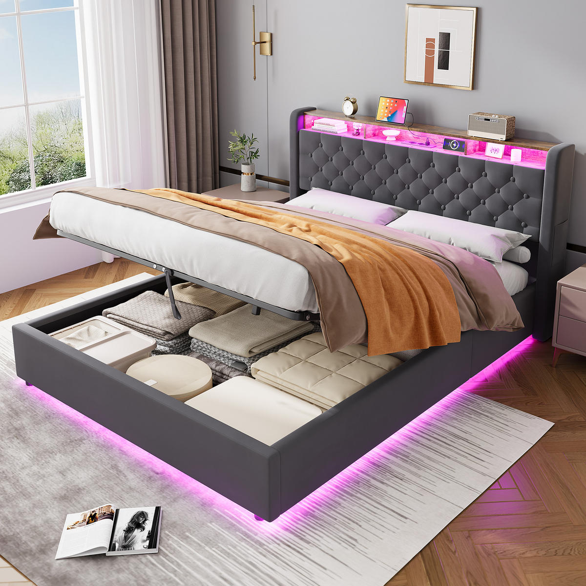 POLSTERBETT 160/200 cm in Grau, mit Bettkasten, LED und USB, ohne Matratze - Grau, Holzwerkstoff/Textil (160/200cm) - WISHDOR