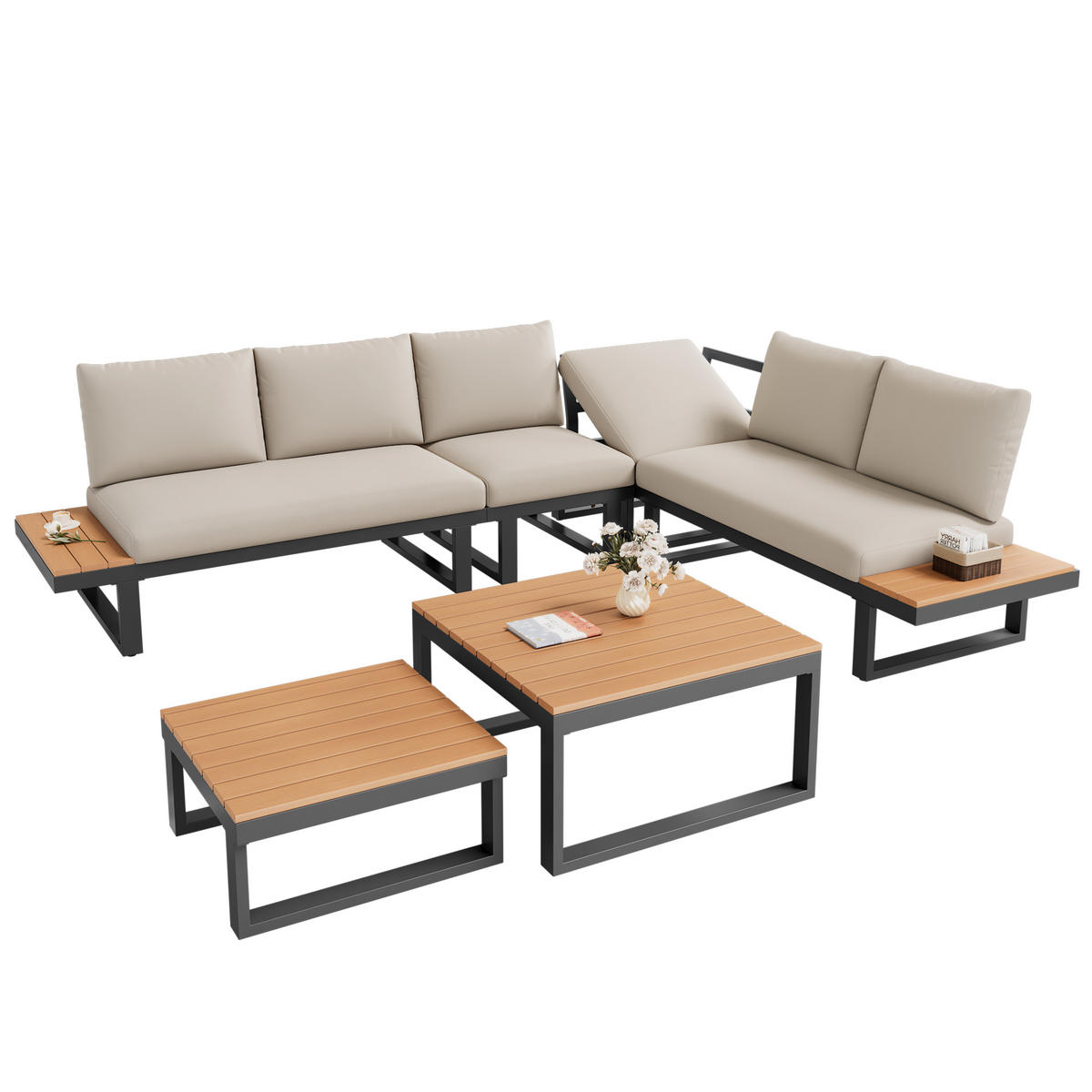 GARTENMÖBEL-SET Ecksofa Verstellbar 5-Stufig Stahl Kunststoffholz Beige Grau - Beige, Textil - FLIEKS