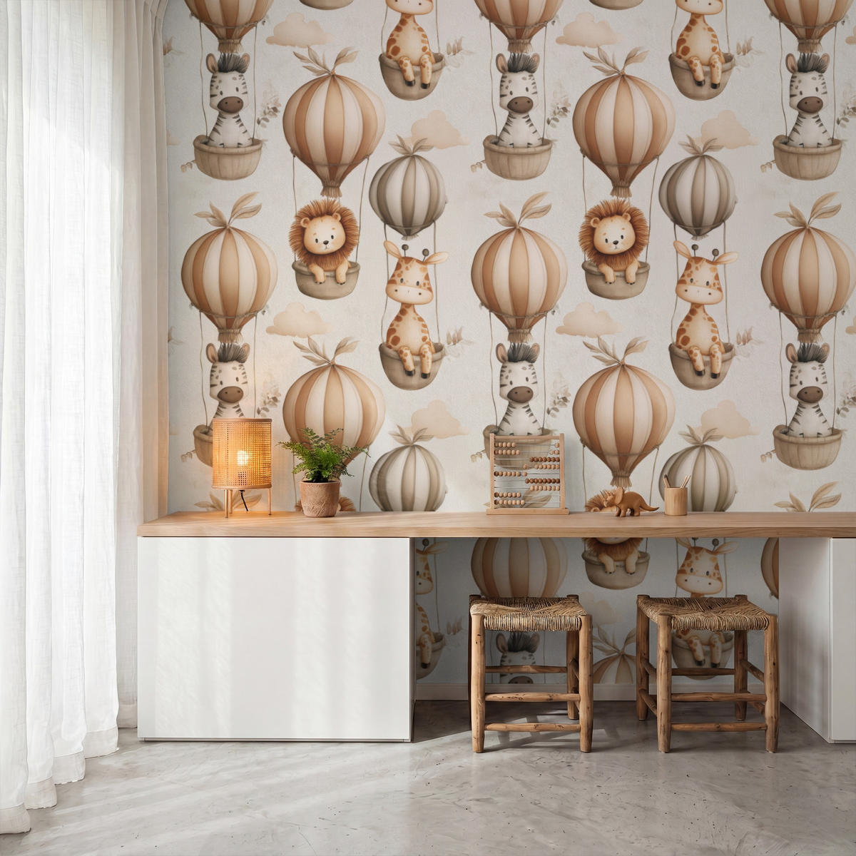 KINDERTAPETE - Safari - Heißluftballons - Taupe - 260x240 cm - Beige, Papier (260/240cm) - OnlyWow