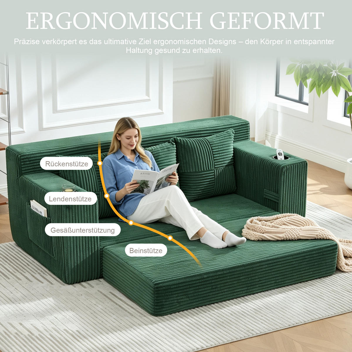 2-SITZER Bodensofa ausklappbar, Getränkehalter/Seitentaschen, Cord, Grün - Grün, Textil (172/64/87cm) - LVHOM