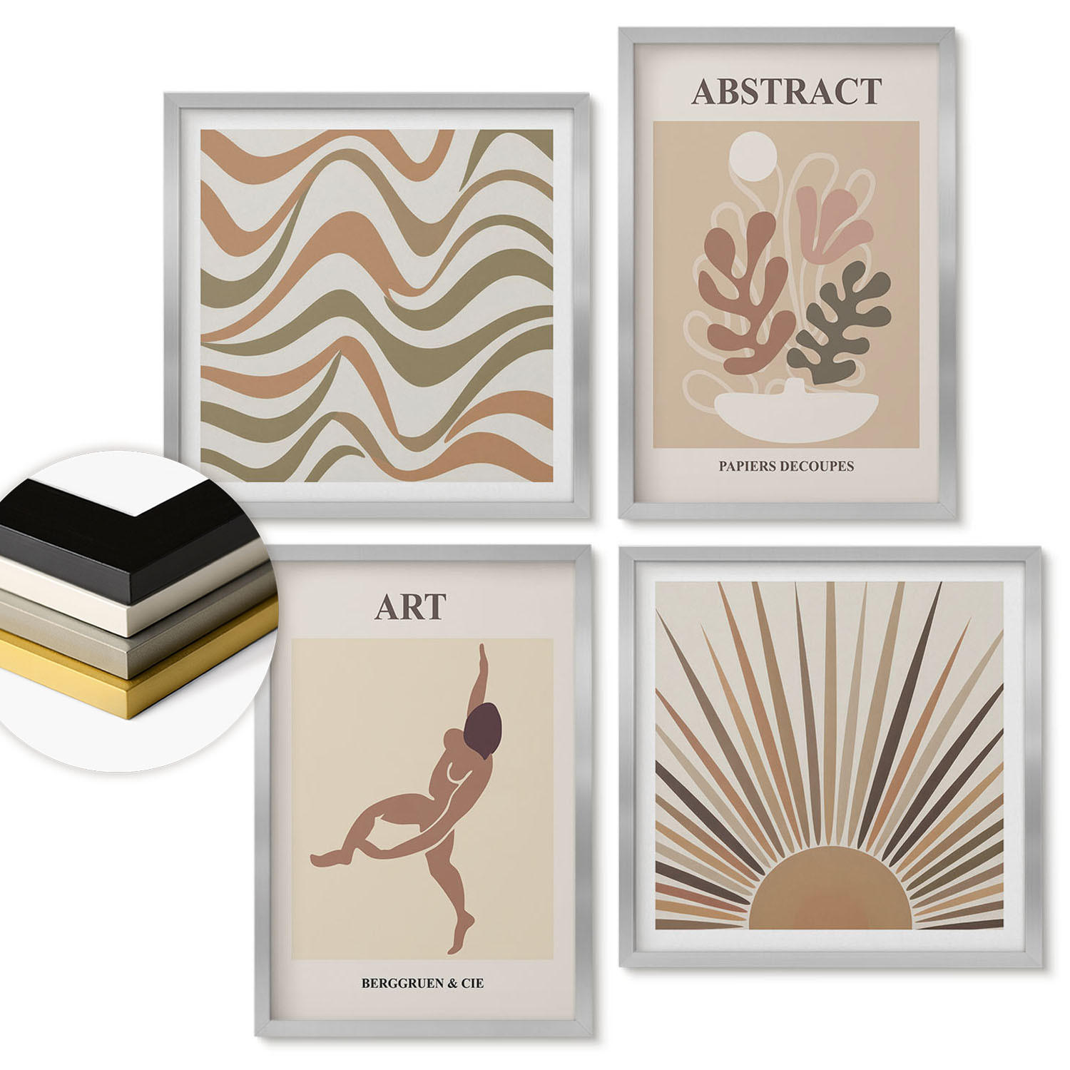 WANDBILDER 4er Set - 50x50 cm & 40x60 cm Silberner Rahmen - Matisse Boho abstrakte Muster - Silberfarben, Kunststoff (50/50cm) - ArtPrintCave