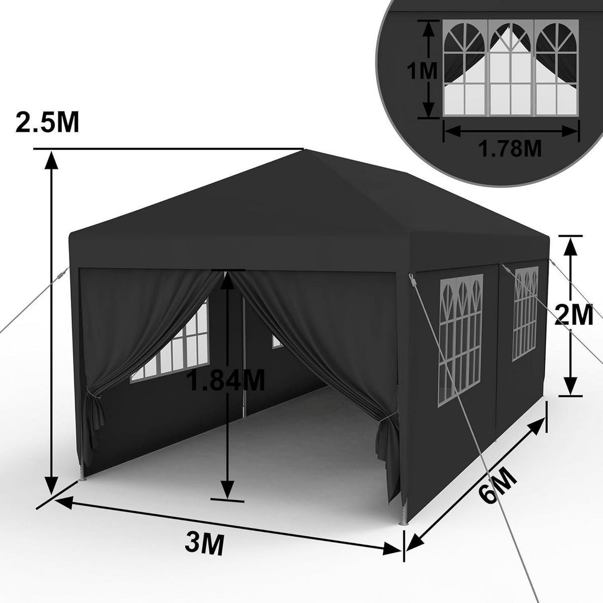 GARTENPAVILLON 3x6m Anthrazit Wasserdicht mit Seitenteilen und Fenstern - Schwarz, Kunststoff (300/250/600cm)