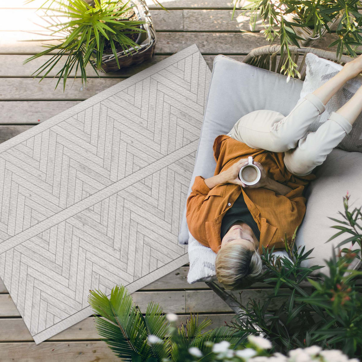 TEPPICH 150x225 cm Fischgrät Parkettoptik Hell - Schieferfarben, Kunststoff (150/0.2cm) - Wallfluent