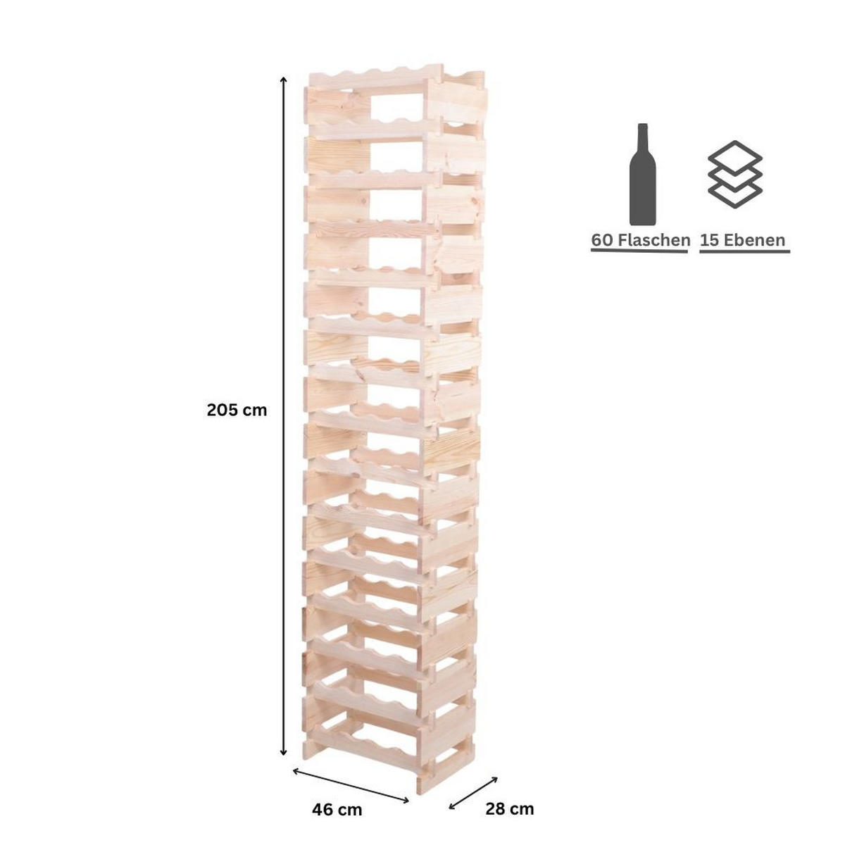 WEINREGAL VINOTECA FLEX PRO HxBxT 205x46x28cm 60 Flaschen auf 15 Ebenen Natur unbehandelt - Naturfarben, Holz (46/205/28cm) - PROREGAL