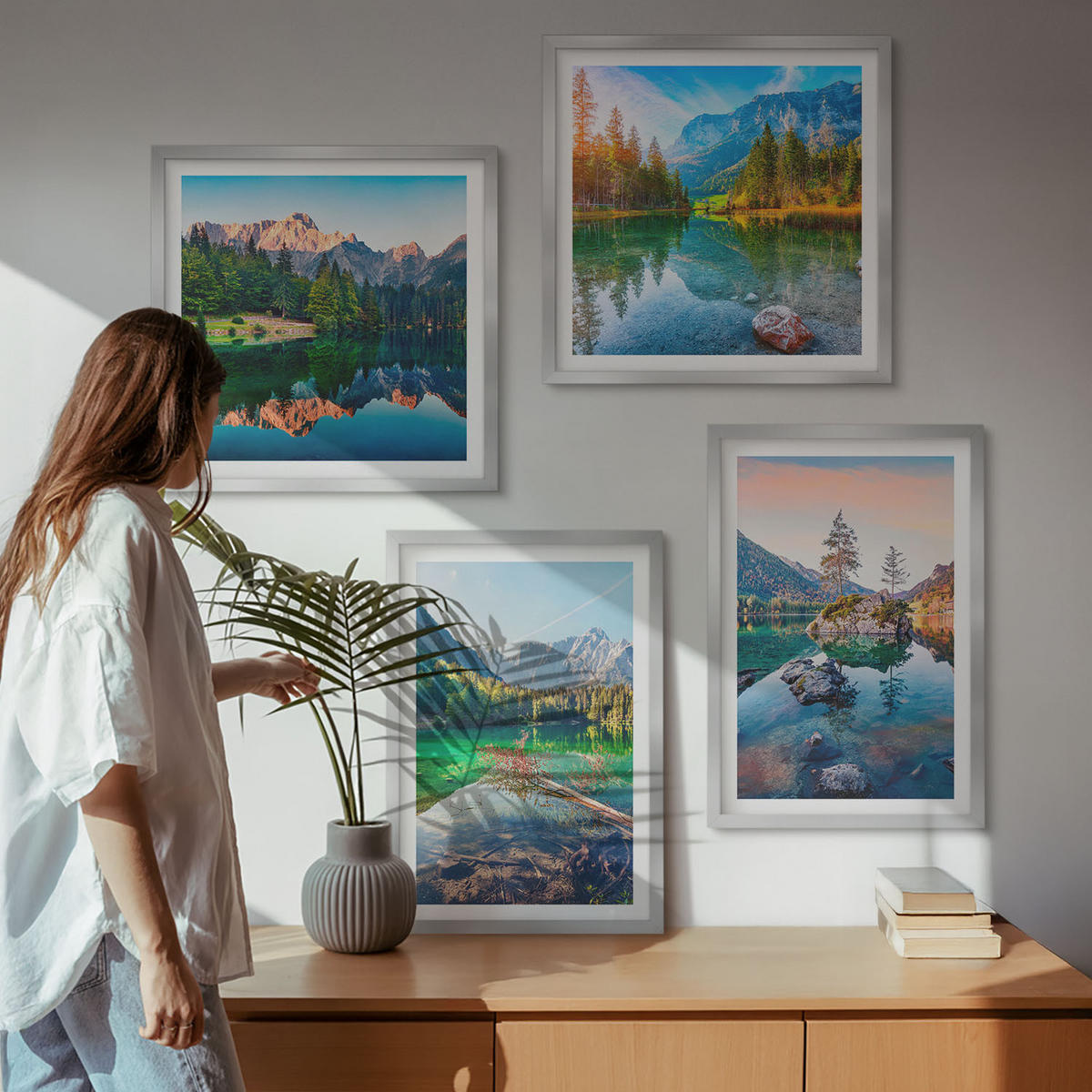 WANDBILDER 4er Set - 50x50 cm & 40x60 cm Silberner Rahmen - Naturlandschaft der Bergseen - Silberfarben, Kunststoff (50/50cm) - ArtPrintCave