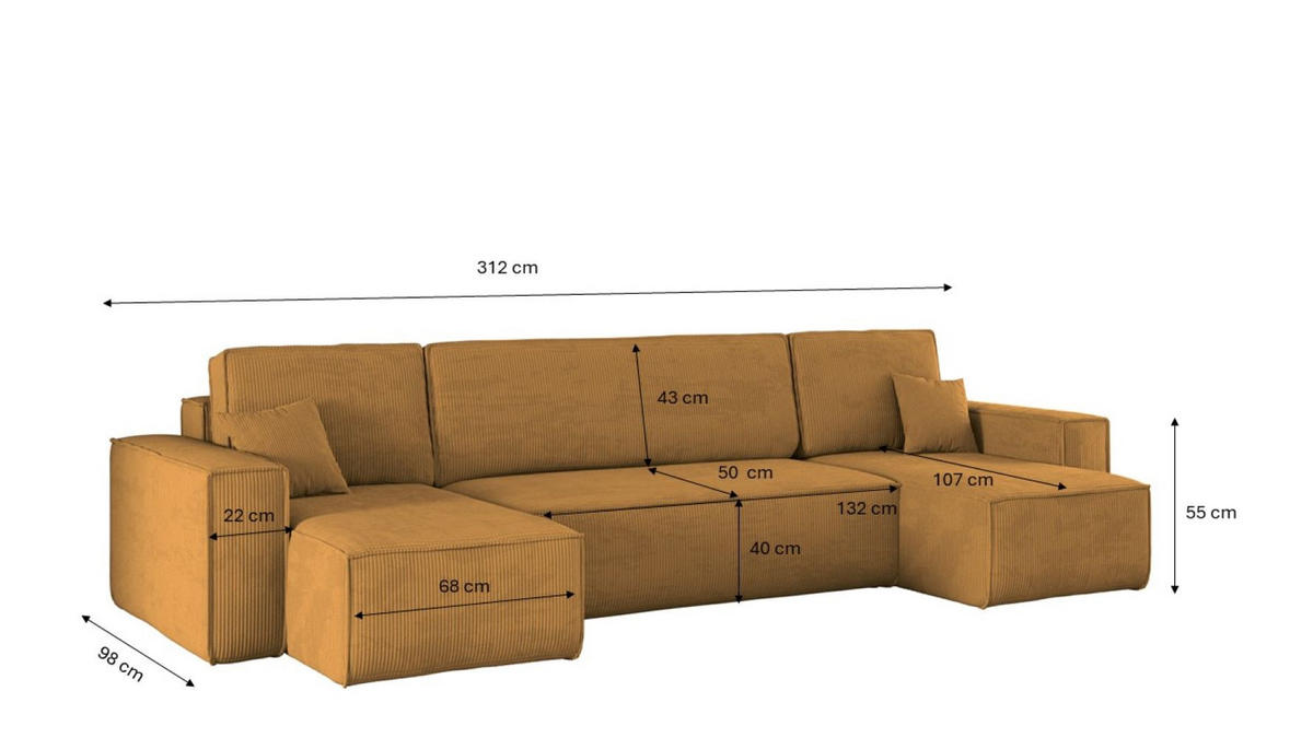 ECKSOFA Mit Schlaffunktion Und Bettkasten BEST Dicker Cord Poso Senffarbe - Gelb, Holz/Textil (312/142cm) - Kaiser Möbel