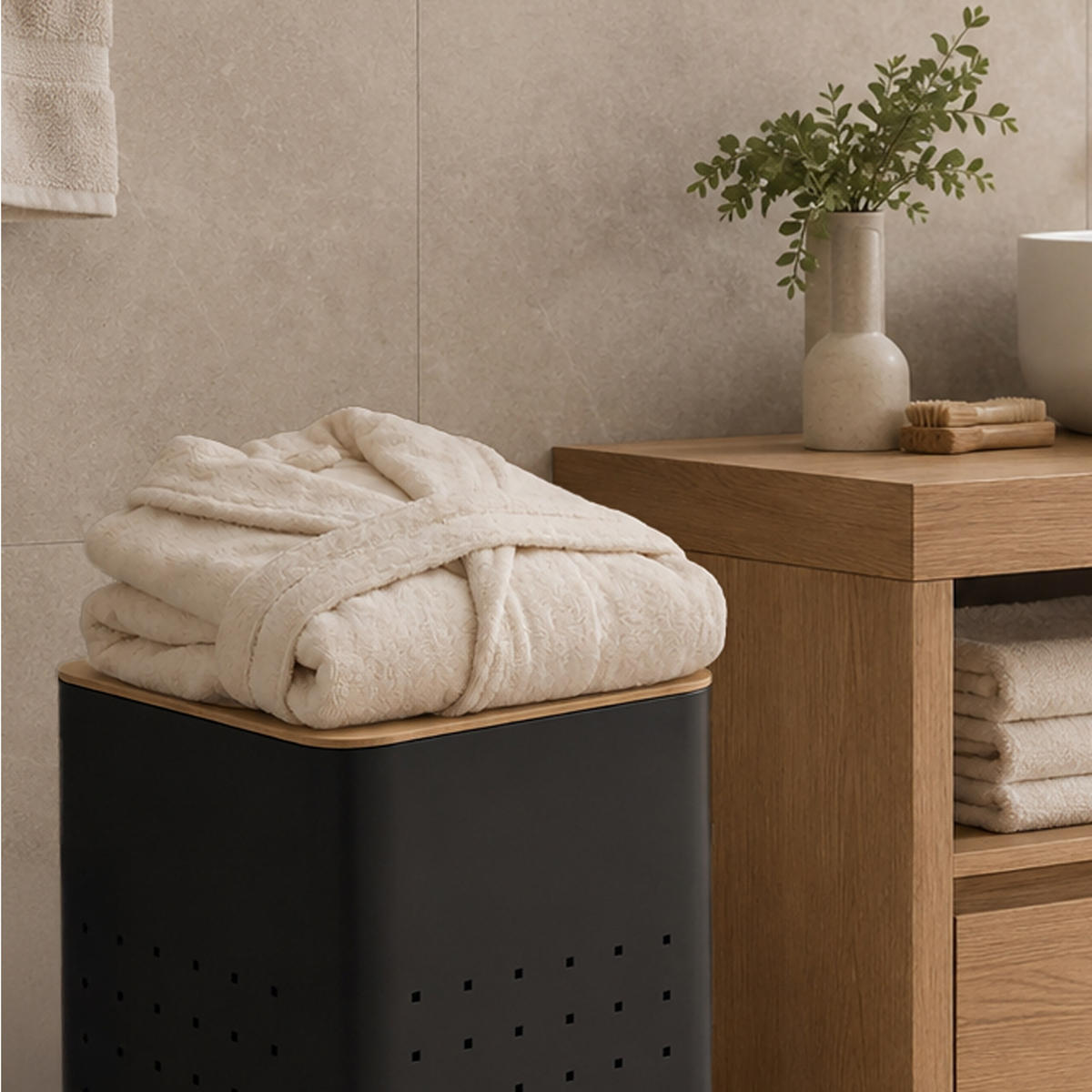 KOŠ Črn za perilo kovinski s pokrovom videz lesa 55 l - črna, kovina/leseni material (31.5/31.5/56cm) - Relaxdays