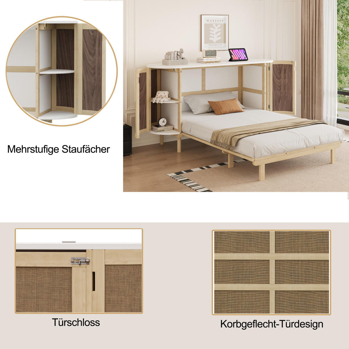 SCHRANKBETT 140/200 cm Holz geflochten mit praktischen Staufächern - Naturfarben, Holzwerkstoff (140/200cm) - OKWISH