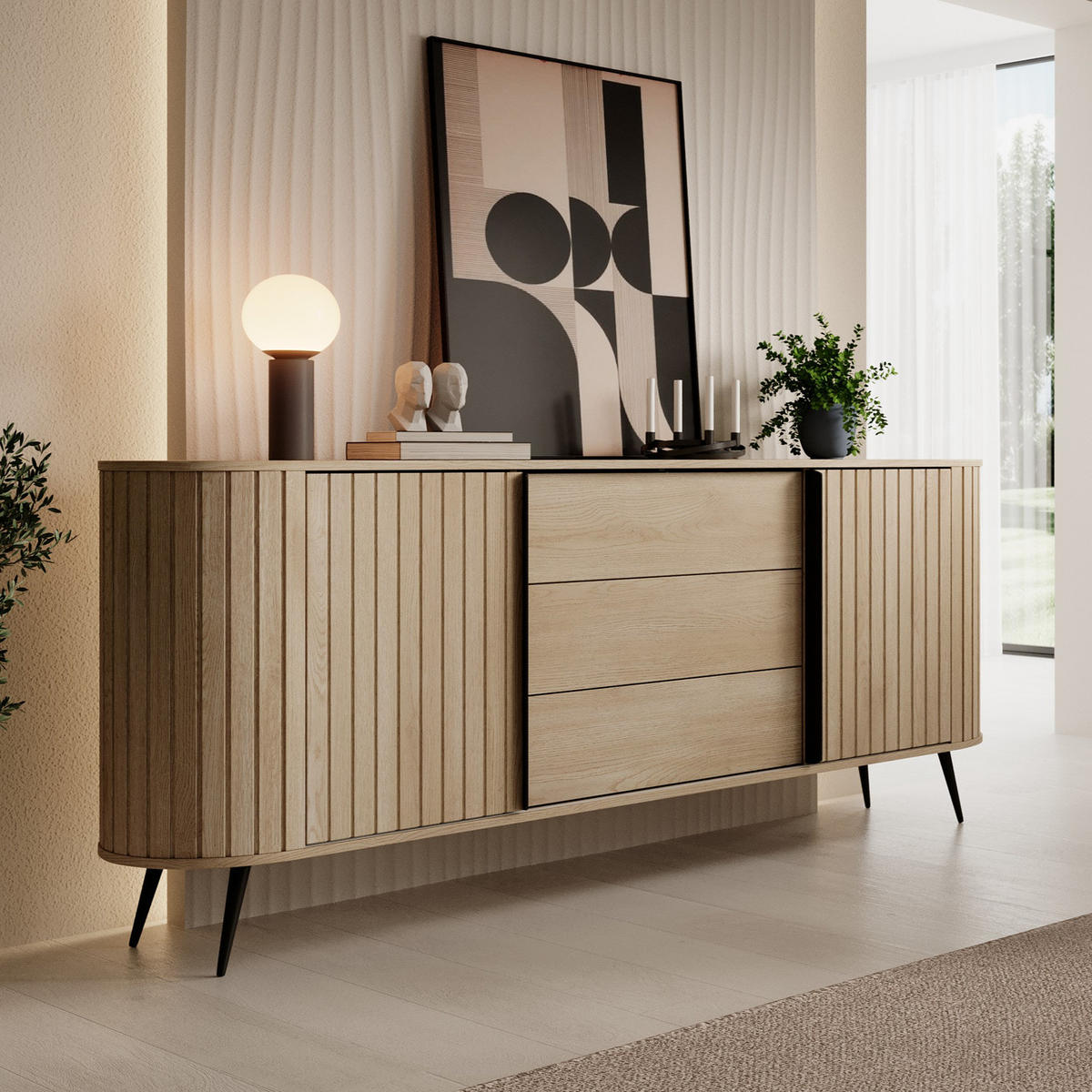 SIDEBOARD LOVI 196 cm Eiche Cremona - mit Schiebetüren und Riffel-Front - Eichefarben/Schwarz, Holz/Holzwerkstoff (196/82/40cm) - Ravio