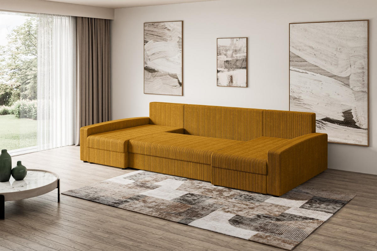 WOHNLANDSCHAFT mit Schlaffunktion und Bettkasten ALESIA-U 301x140x90 cm Senfgelb Cord - Gelb/Silberfarben, Holzwerkstoff/Kunststoff (301/90/140cm) - ALTDECOR