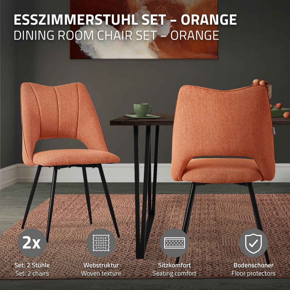 ESSZIMMERSTÜHLE 2ER-SET Orange Stoffbezug - Schwarz/Orange, Textil/Metall (57/89/53cm) - ML-DESIGN