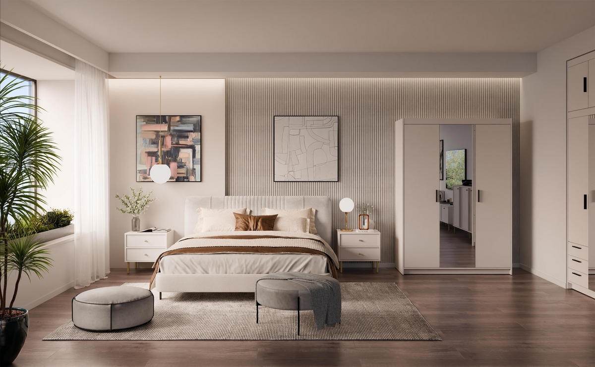 KLEIDERSCHRANK Storicos Beige 133/190,5/53 cm - Modern mit Spiegel 3-türig - Beige, Holzwerkstoff/Kunststoff (133/190.6/53cm) - AX Living