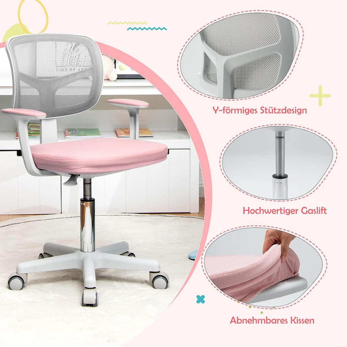KINDER‑BÜROSTUHL 360°drehbar rosa - Pink, Kunststoff (54/80/54cm) - COSTWAY