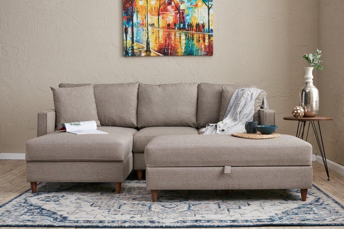 ECKSOFA mit Hocker, Schlaffläche - Beige/Walnussfarben, Holz/Kunststoff (210/155cm) - myHomelando