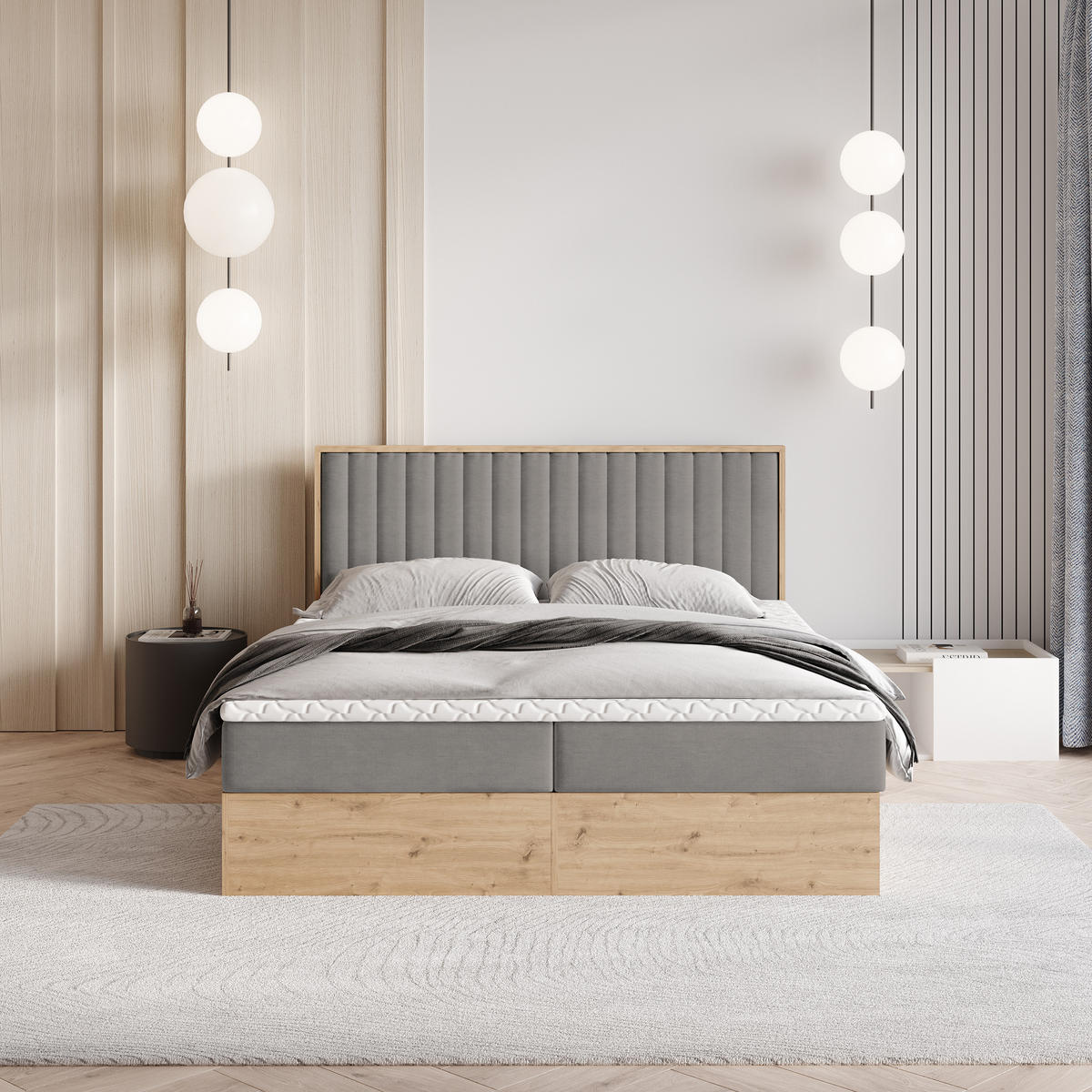 BOXBETT VARELI 180x200 cm mit Matratze und Topper - Grau - Grau, Holz (180/200cm) - MASSENO