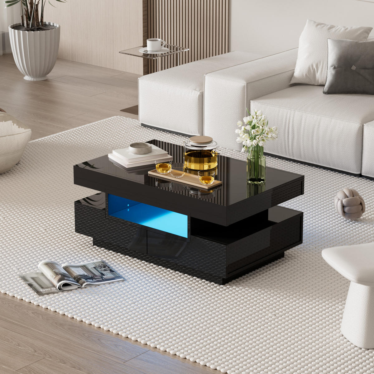 COUCHTISCH 80/50/36 cm in Schwarz Hochglanz mit LED-Beleuchtung und Schubladen - Schwarz, Holzwerkstoff (80/50/36cm) - Flora Grace