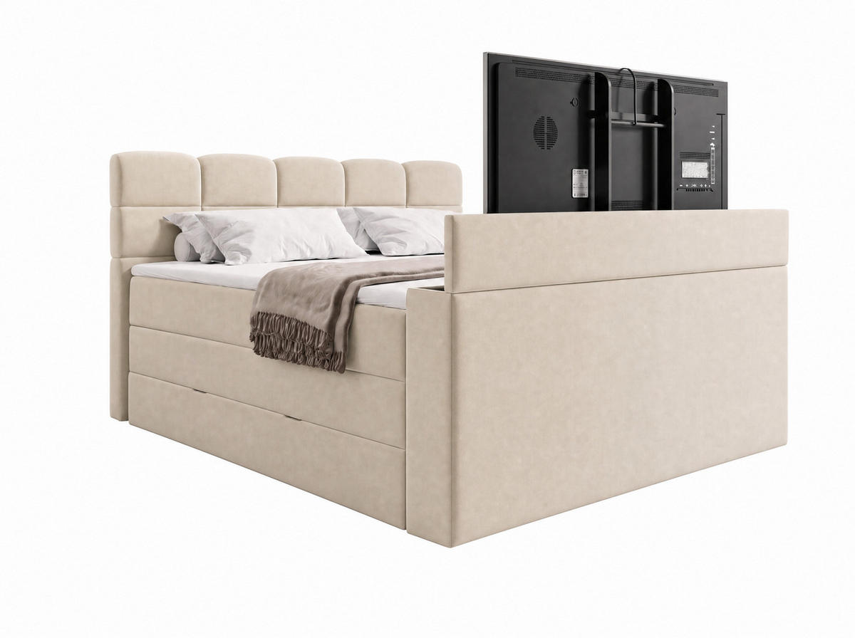 BOXSPRINGBETT Carenzo 3 Beige 160/200 cm H2/H3 Samt inkl. Topper und TV-Lift - Beige, Textil (160/200cm) - wonello
