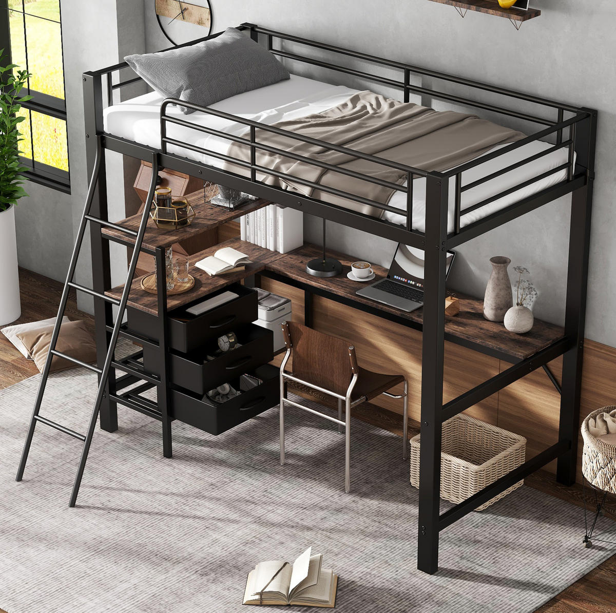 HOCHBETT aus Metall und Spanplatte 90x200 cm Schwarz/Dunkle Walnuss mit Schreibtisch, 3 Schubladen und Regal - Schwarz, Metall (90/200cm) - Modfu