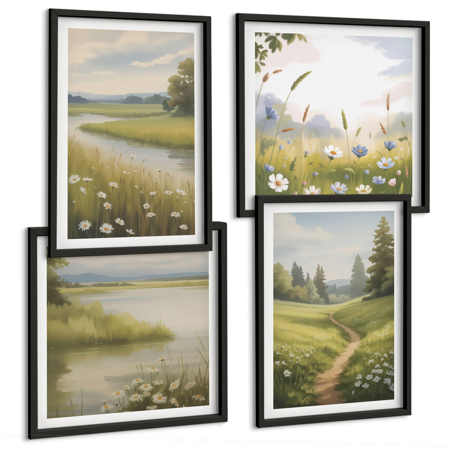BILDER SET 4er Set - 50x50 cm & 40x60 cm Schwarzer Rahmen - Frühlingslandschaft Flusswiese - Schwarz, Kunststoff (50/50cm) - TULUP