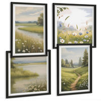 BILDER SET 4er Set - 50x50 cm & 40x60 cm Schwarzer Rahmen - Frühlingslandschaft Flusswiese - Schwarz, Kunststoff (50/50cm) - TULUP