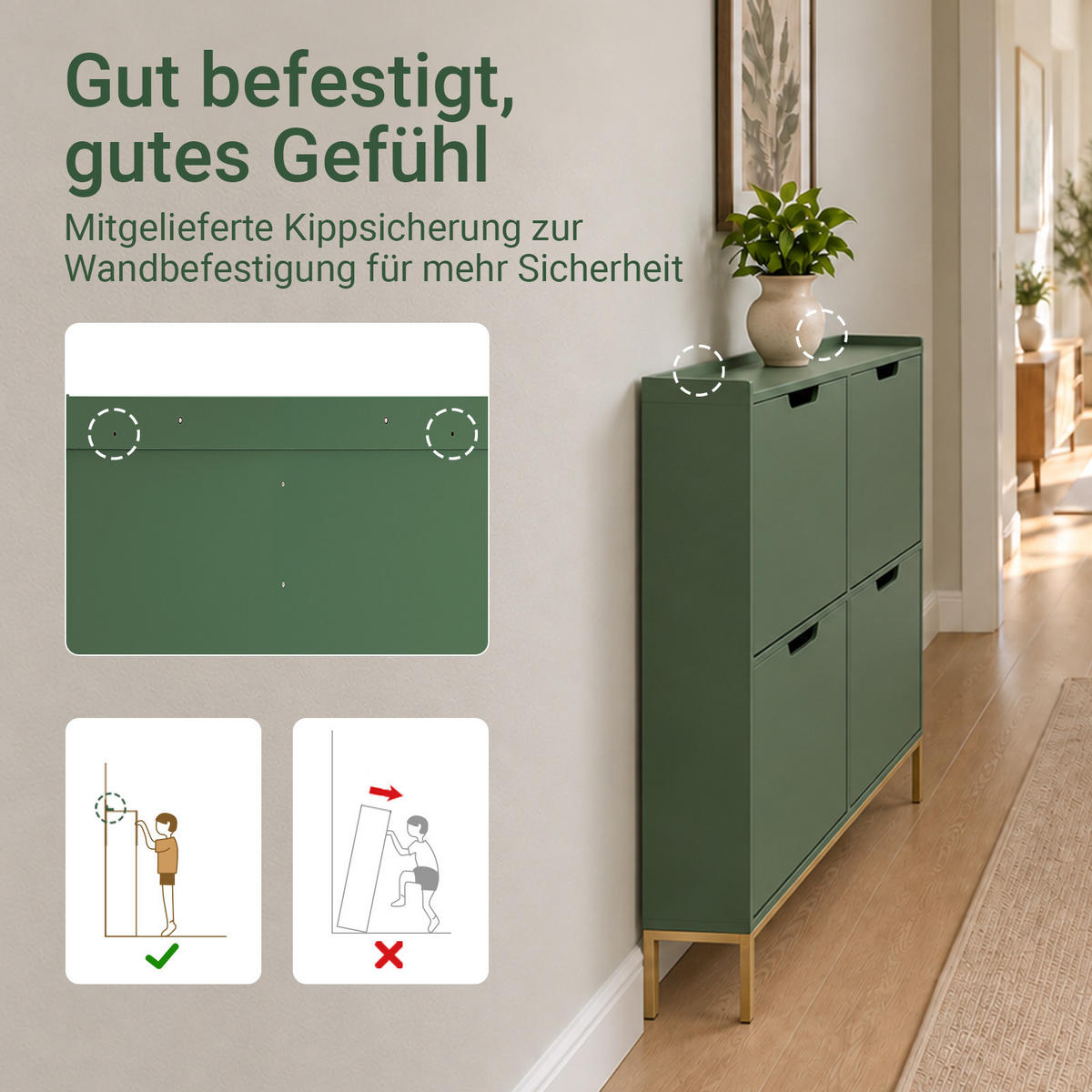 COMODĂ pentru intrare cu 4 sertare și suport pentru pantofi - verde închis, compozit lemnos/metal (100/91/19cm) - SoBuy