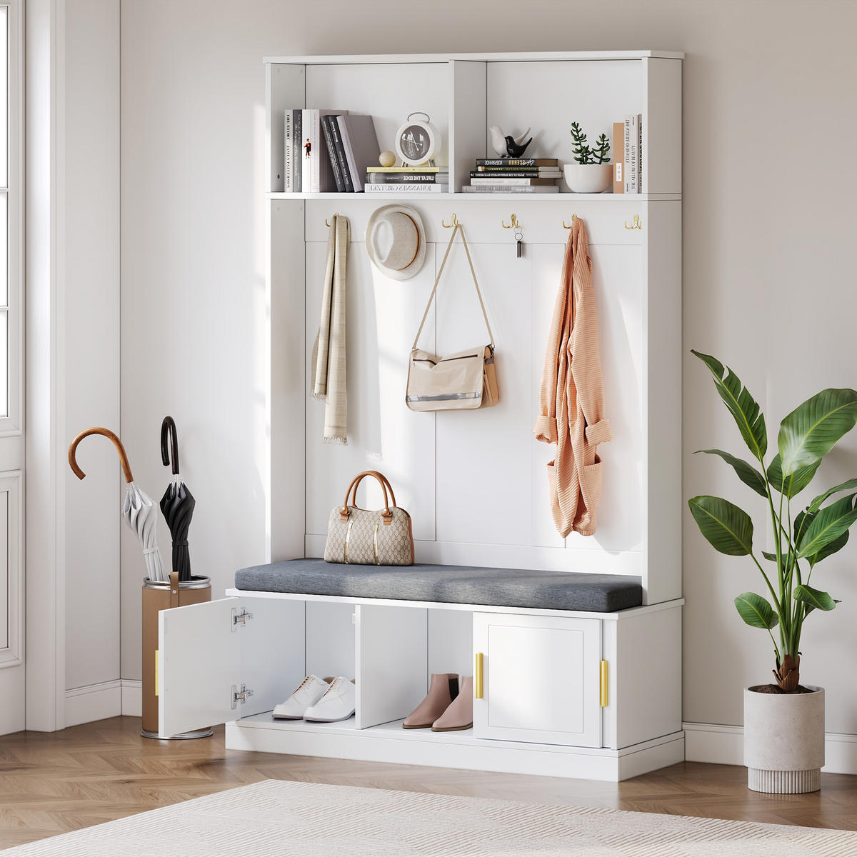 GARDEROBENSTÄNDER mit Bank 6 Haken Weiß 120x40x191cm - Weiß, Holzwerkstoff (40/191/120cm) - FLIEKS